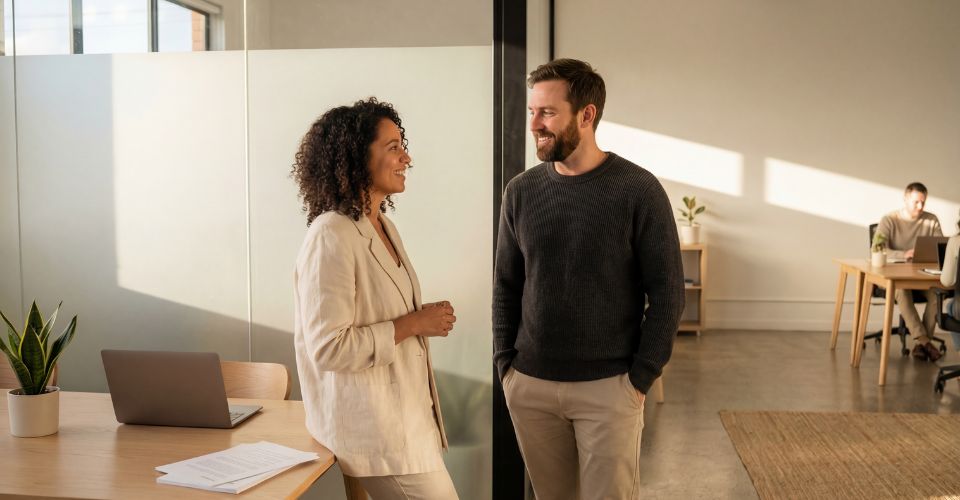 Man en vrouw in gesprek bij koffieautomaat op werk, emotioneel vreemdgaan begint vaak als een vriendschap op het werk